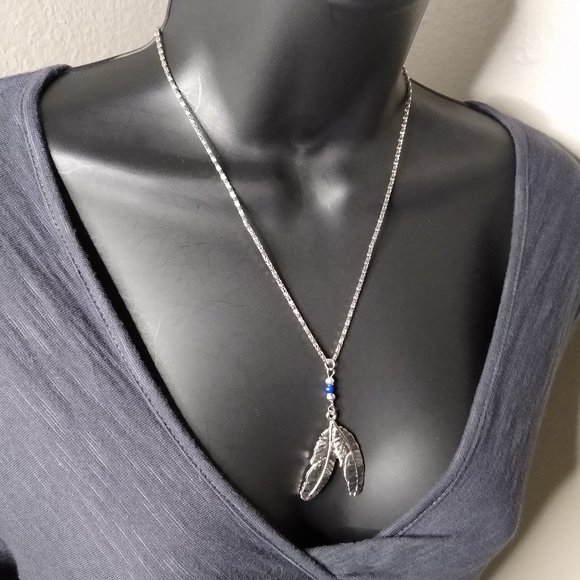Metal Two Feather Pendant Necklace 18.5 Inches - Picture 3 of 14
